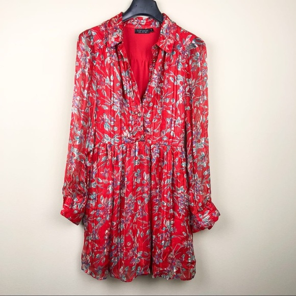 Topshop Dresses & Skirts - Topshop Long Sleeve Pleated Printed Red Dress